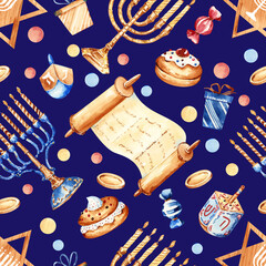 Jewish holiday Hanukkah seamless pattern design with traditional elements and bakery. Jewish hanukkah holiday. Happy Hanukkah digital paper, greeting card, poster