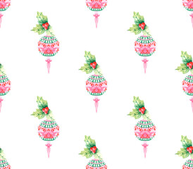 Christmas background with Holly and Christmas tree glass toy on white background. Seamless pattern for textiles, Wallpaper, and holiday packaging.
