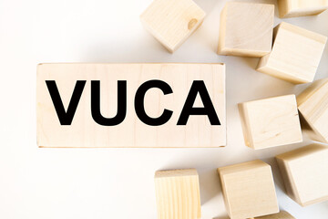 vuca, text on wood bar on a light background near wood