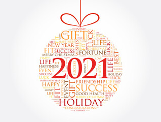 Happy New Year 2021, Christmas ball word cloud, holidays lettering collage