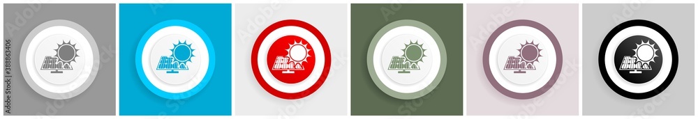 Poster sun over solar panel icon set, colorful flat design vector illustrations in 6 options for web design