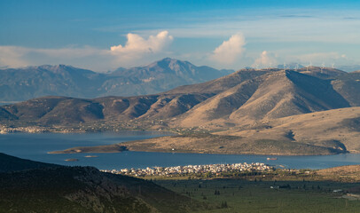 View of the resort town of Itea from the hills of Delphi, Greece