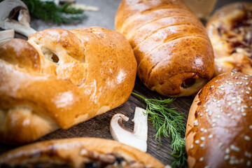 Fresh pastries buns wicker basket rustic style bakery