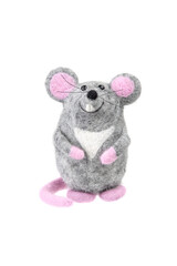 Toy mouse made of felted wool isolate on a white back. Gray toy mouse.