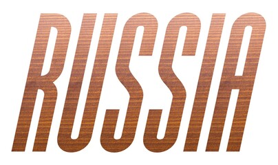 RUSSIA with brown wooden texture on white background.