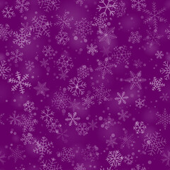 Christmas seamless pattern of snowflakes of different shapes, sizes and transparency, on purple background