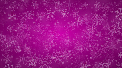 Christmas background of snowflakes of different shapes, sizes and transparency in purple colors