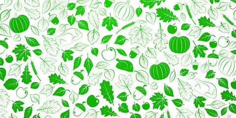 Happy Thanksgiving background with autumn leaves, vegetables and turkey, green on white