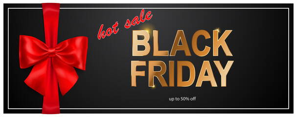 Fototapeta na wymiar Black Friday sale banner with red bow and ribbons on dark background. Vector illustration for posters, flyers or cards.