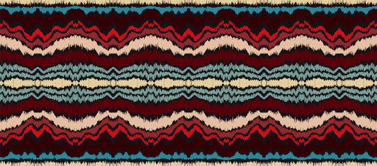 Ikat border. Geometric folk ornament. Ink on clothes. Tribal vector texture. Seamless striped pattern in Aztec style. Ethnic embroidery. Indian, Scandinavian, Gypsy, Mexican, African rug.