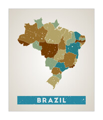 Brazil map. Country poster with regions. Old grunge texture. Shape of Brazil with country name. Awesome vector illustration.