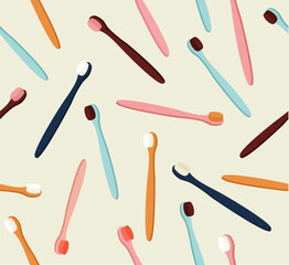 Seamless pattern of colored toothbrushes in pink, yellow, blue, and burgundy color. Hand-drawn illustration of dental care tools. Colorful background texture for textile, fabric, paper. 