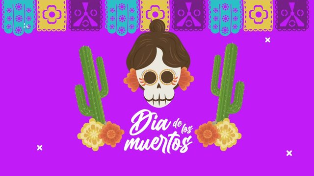 dia de los muertos lettering celebration with katrina skull and cactus