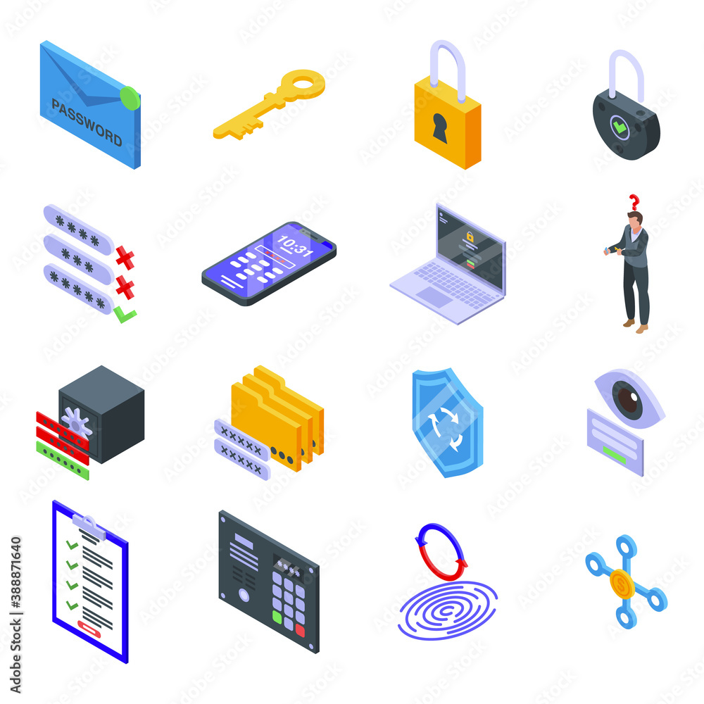 Poster password recovery icons set. isometric set of password recovery vector icons for web design isolated