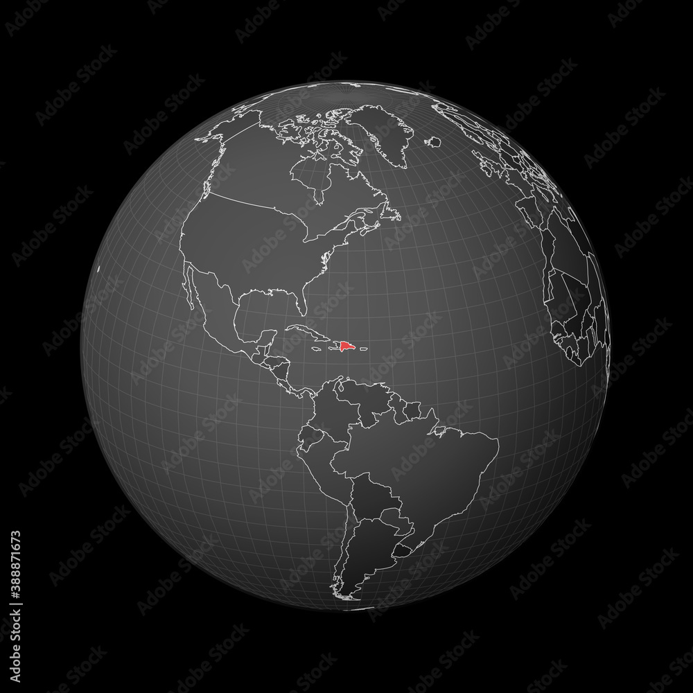 Poster dark globe centered on the dominican republic. country highlighted with red color on world map. sate