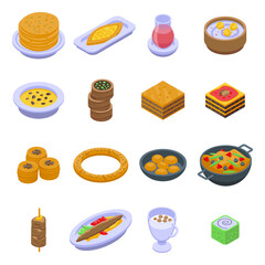 Turkish food icons set. Isometric set of turkish food vector icons for web design isolated on white background