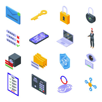 Password recovery icons set. Isometric set of password recovery vector icons for web design isolated on white background
