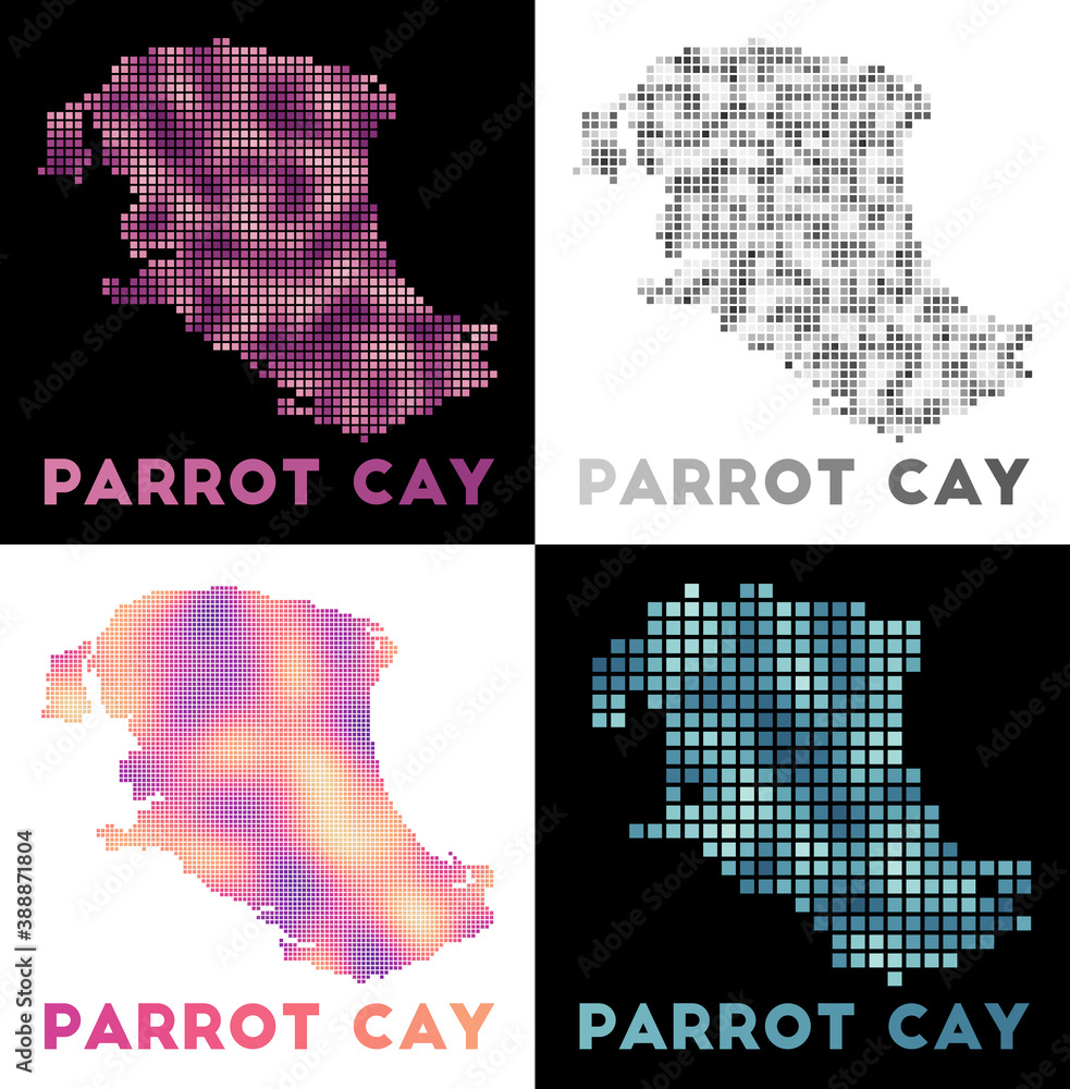 Poster parrot cay map. collection of maps of parrot cay in dotted style. borders of the island filled with 