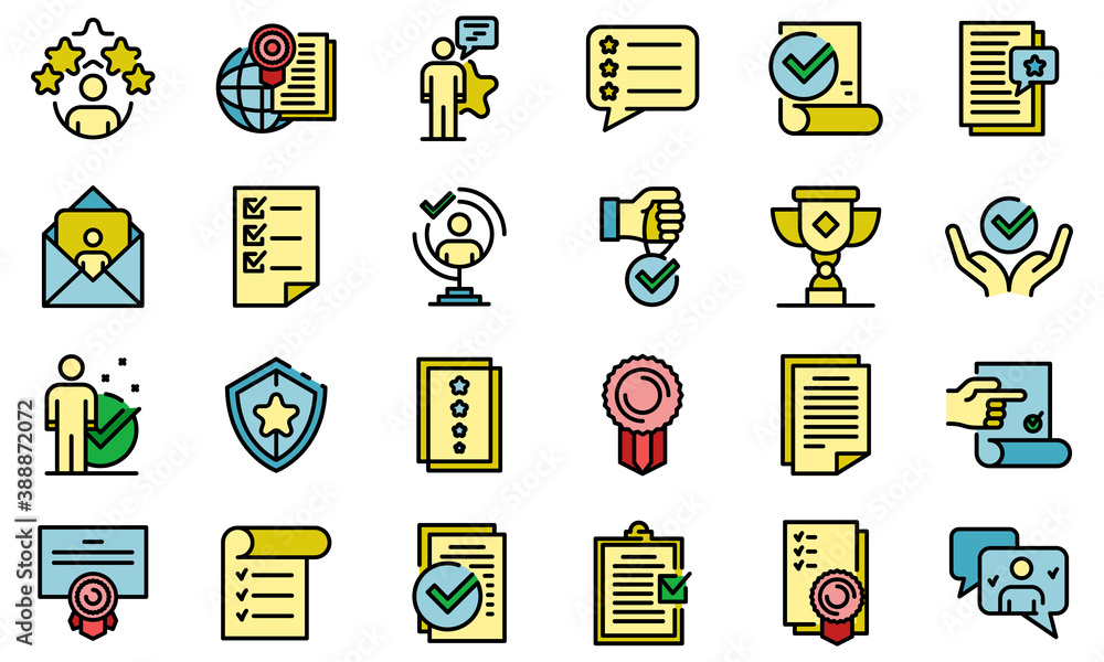Poster attestation service icons set. outline set of attestation service vector icons thin line color flat 