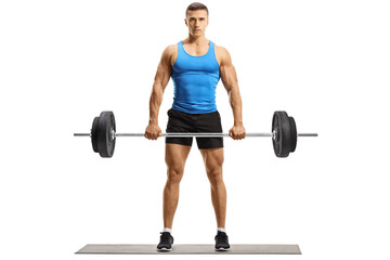 Fototapeta na wymiar Full length portrait of fit young man in sportswear lifting weights