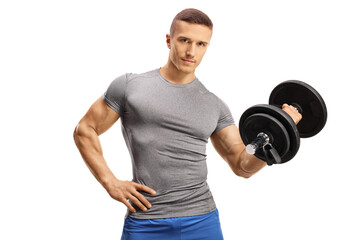 Young muscular man exercising with a barbell in one hand