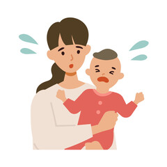 困る若いママと泣く赤ちゃんのイラストセット
