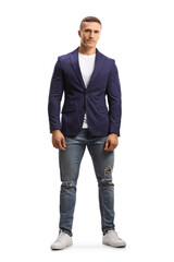 Full length profile shot of a fit young man in ripped jeans and suit