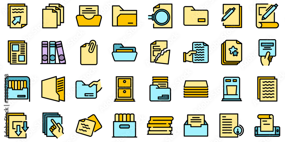 Poster storage of documents icons set. outline set of storage of documents vector icons thin line color fla