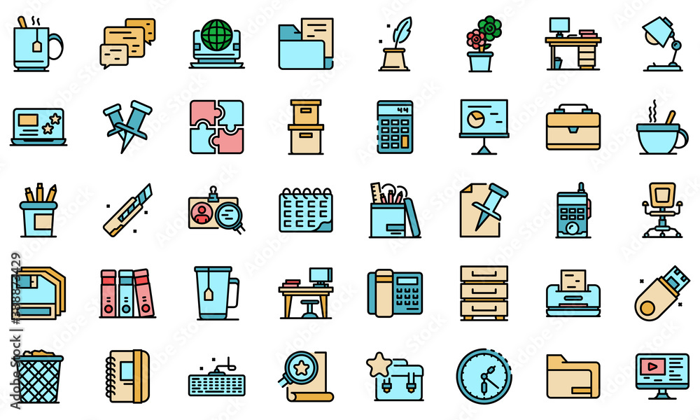 Poster space organization icons set. outline set of space organization vector icons thin line color flat on