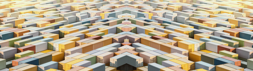 Stack of shipping containers. Abstract wide format. Colorful cargo boxes. Dockyard, industrial port. 3d rendering