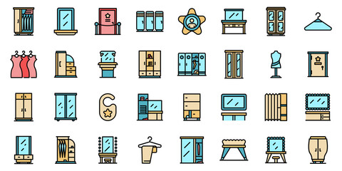 Dressing room icons set. Outline set of dressing room vector icons thin line color flat on white