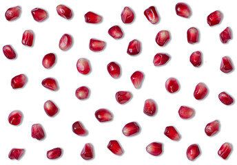 red pomegranate grains scattered and isolated on white background