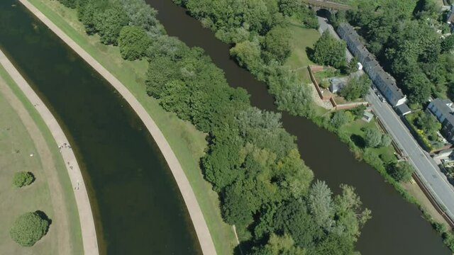 Top down of the river exe revealing the regional hub, St Davids train station in Exeter, UK