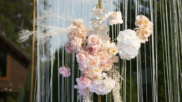 Wooden wedding hall is decorated with wedding decor. Beautiful wedding
