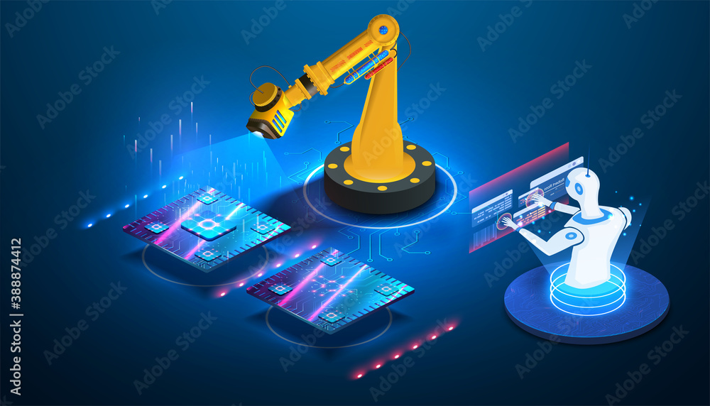 Poster futuristic microchip processor lights on blue background. artificial intelligence. robot ai control 