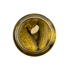 Top View Homemade Pickled Gherkins in a Glass Jar