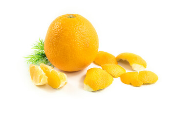 Orange with peel on white isolated background