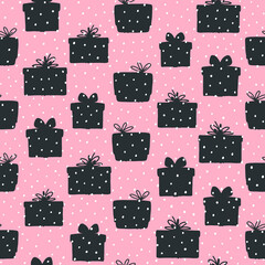 Christmas gifts boxes seamless pattern. Black silhouettes on a pink background. Fashionable vector illustration in childish hand-drawn style. The limited palette for printing on packaging, fabrics.