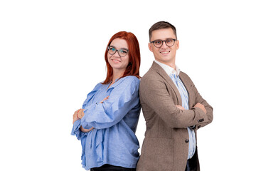 A man and woman standing back to back looking at the camera. Business partnership. White background.