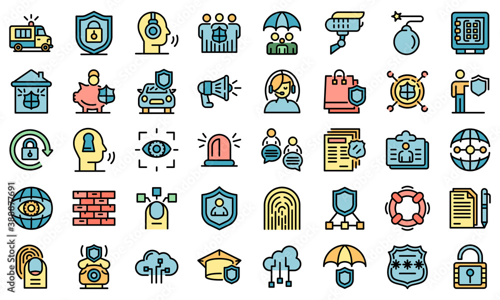 Poster security service icons set. outline set of security service vector icons thin line color flat on whi