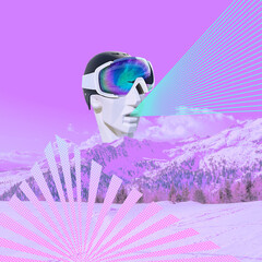 Contemporary collage. A man in sunglasses and a helmet against a background of snow-capped...
