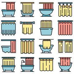 Shower curtain icons set. Outline set of shower curtain vector icons thin line color flat on white