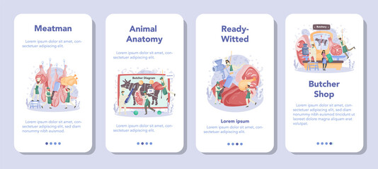 Butcher or meatman mobile application banner set. Fresh meat