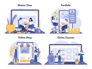 Manicurist online service or platform set. Beauty salon worker.