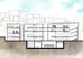 Modern library section view. blueprint