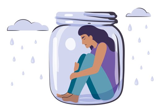 Feeling anxious Introverted teenager girl alone Personal space concept Introvert is sitting and immersed in his inner spiritual world in a mothballed bank Stay home Self isolation Vector illustration 