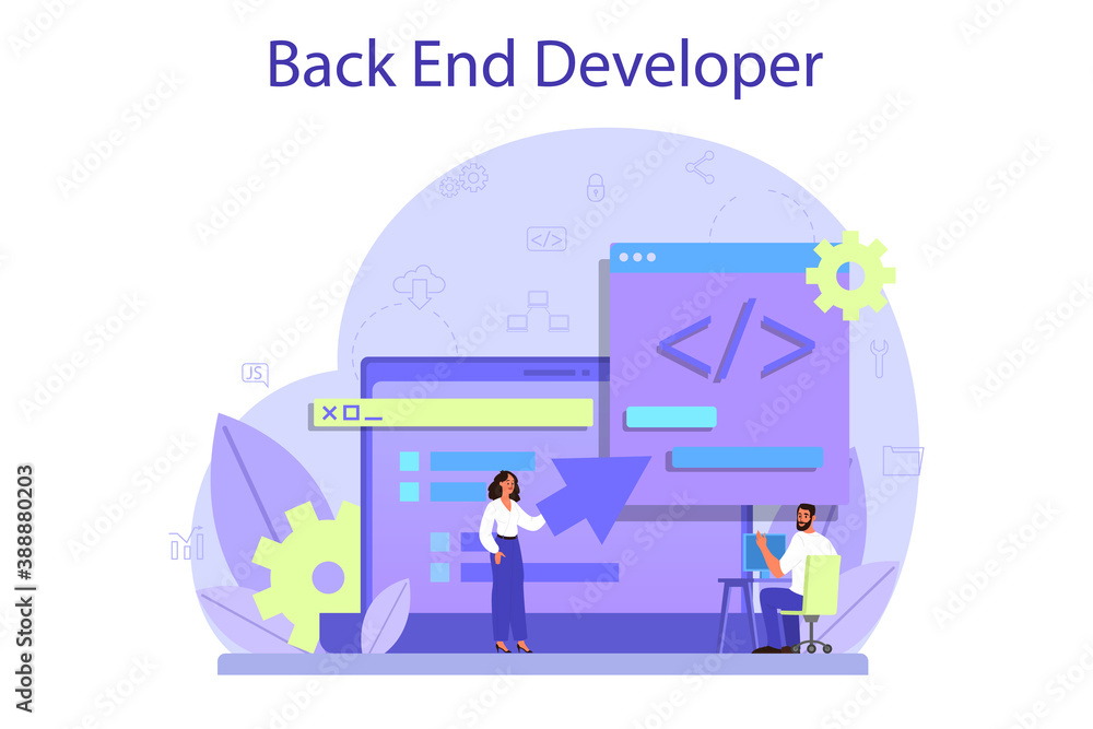 Poster back end development concept. software development process.