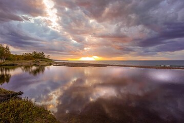 Brilliant sunset over Lake Superior at Eagle River in the Upper Peninsula, Michigan