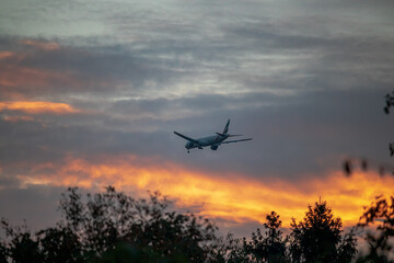 Landing plane in beautiful sunset