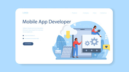 Mobile app development web banner or landing page. Modern